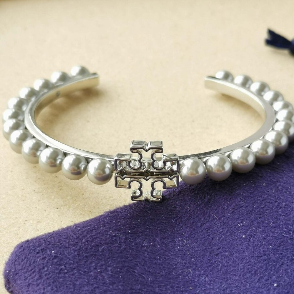 NEW Tory Burch Silver Gray Pearl Logo Embellished Cuff Bangle